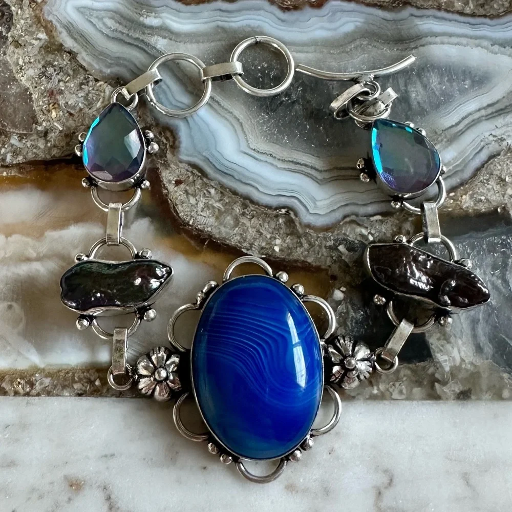 2137 Stunning Blue and Silver Bracelet with Floral Accents
